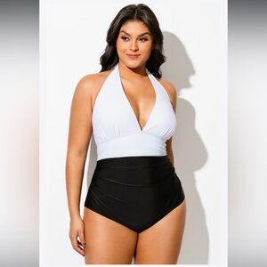 Black & White Colorblock Halter Backless One Piece Swimsuit